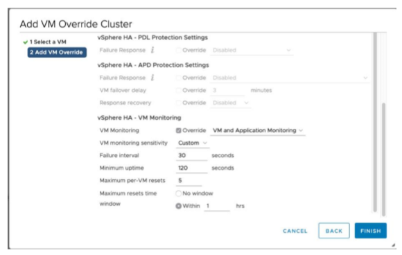 VMware vSphere Bildschirm „Add VM Override Cluster“ mit konfigurierten Überschreibungsoptionen.
