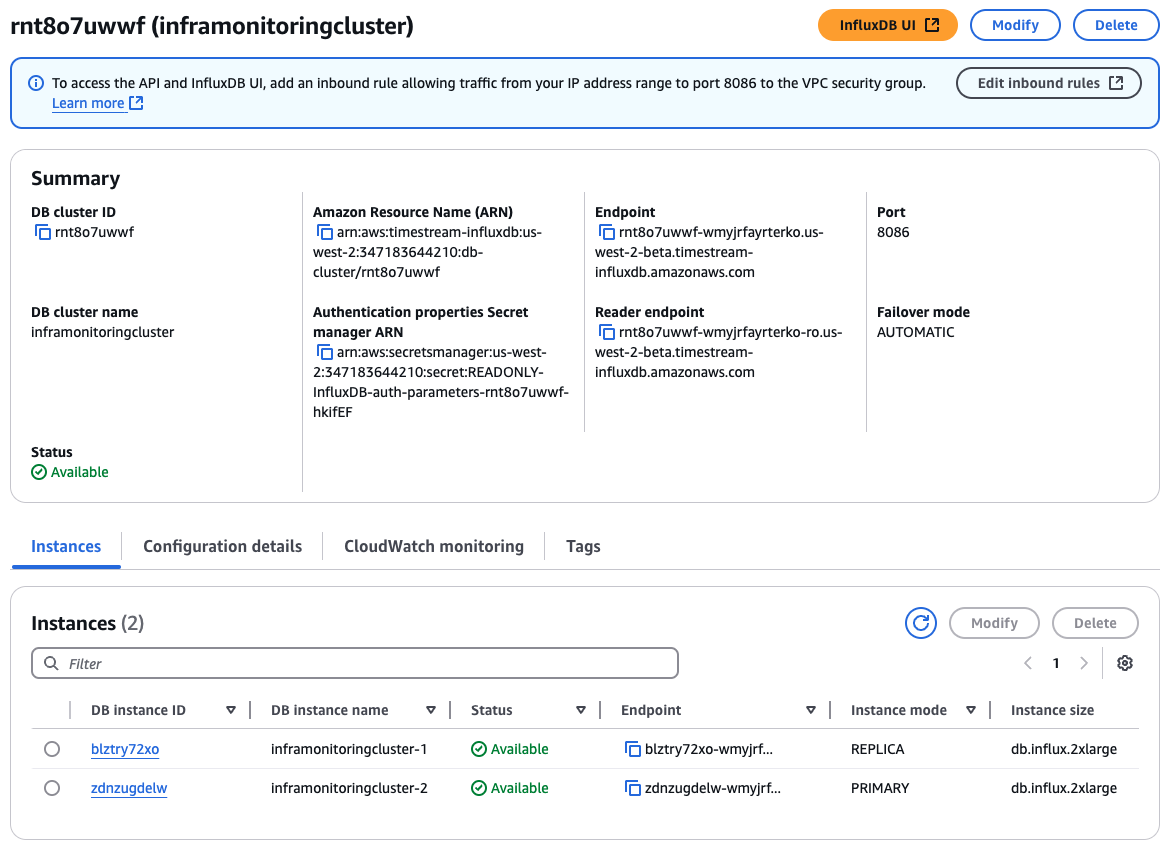 Seite mit der Zusammenfassung des DB-Clusters, auf der zwei Instances mit dem Status „Verfügbar“ angezeigt werden.