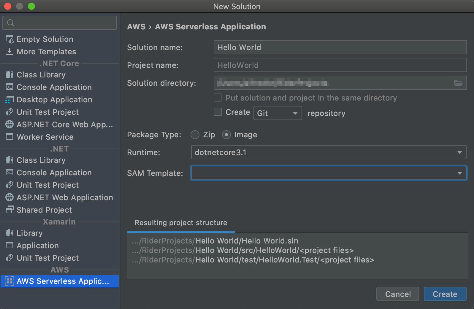 Dialogfeld „Neues Projekt“ für JetBrains Rider