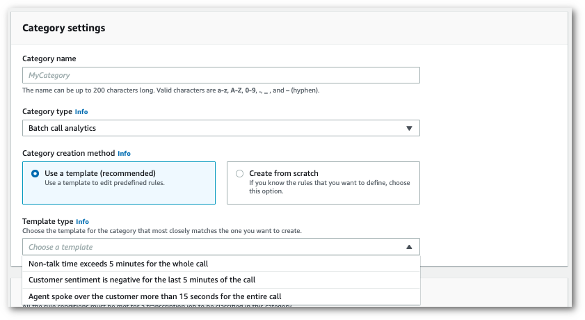 Amazon Transcribe Konsolen-Screenshot: Das Fenster mit den „Kategorieeinstellungen“ zeigt optionale Vorlagen.