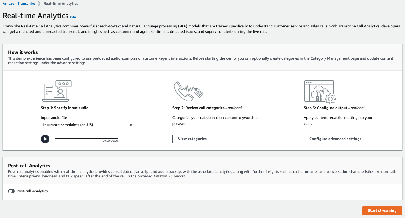 Amazon Transcribe Konsolen-Screenshot: Die Demoseite „Einen Streaming-Anruf analysieren“.