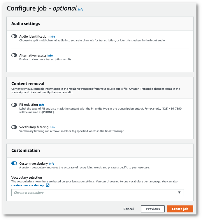 Amazon Transcribe Konsolen-Screenshot: Die Seite „Job konfigurieren“.