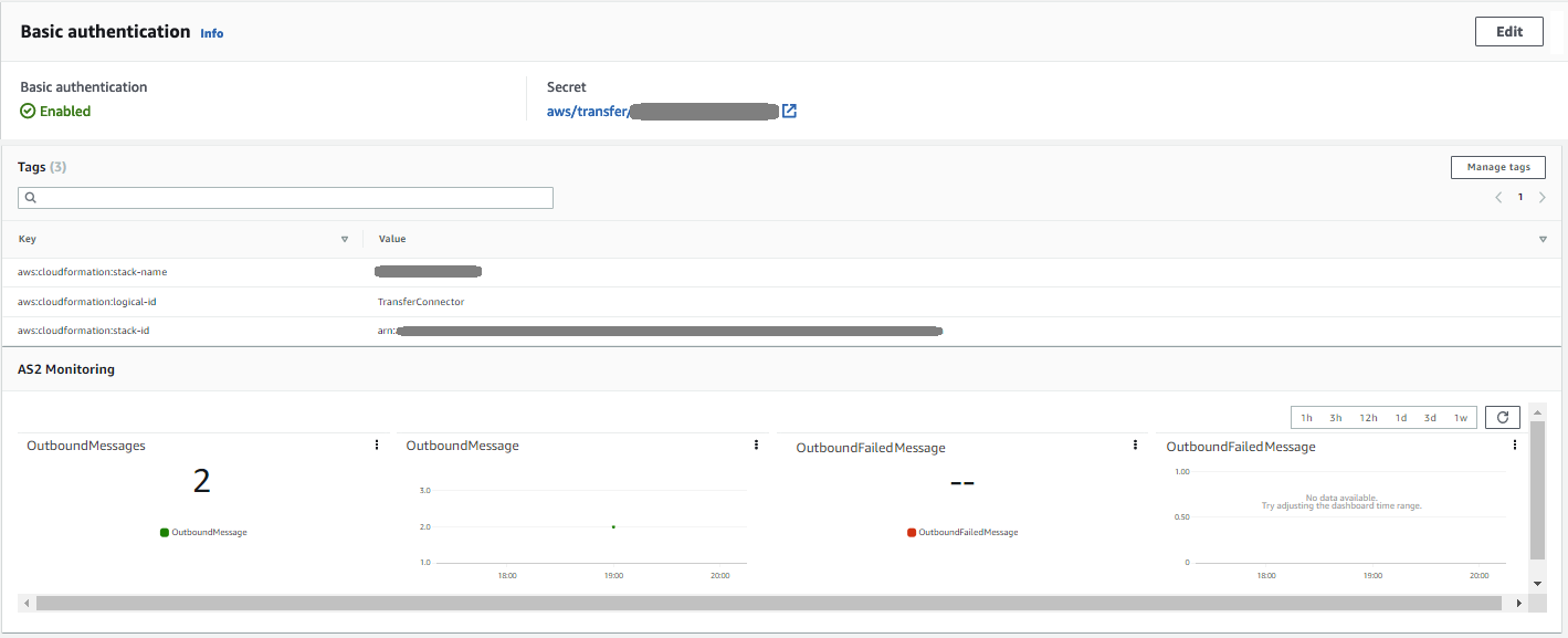 Die Seite mit den Connector-Details der Transfer Family Family-Konsole, auf der der Abschnitt AS2 Basic Authentication Details, Tags und AS2-Überwachungsinformationen für den ausgewählten Connector angezeigt werden.