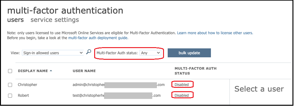 Azure-AD-Multi-Faktor-Authentifizierungsdetails, die den MFA-Status für zwei Benutzer als deaktiviert anzeigen.