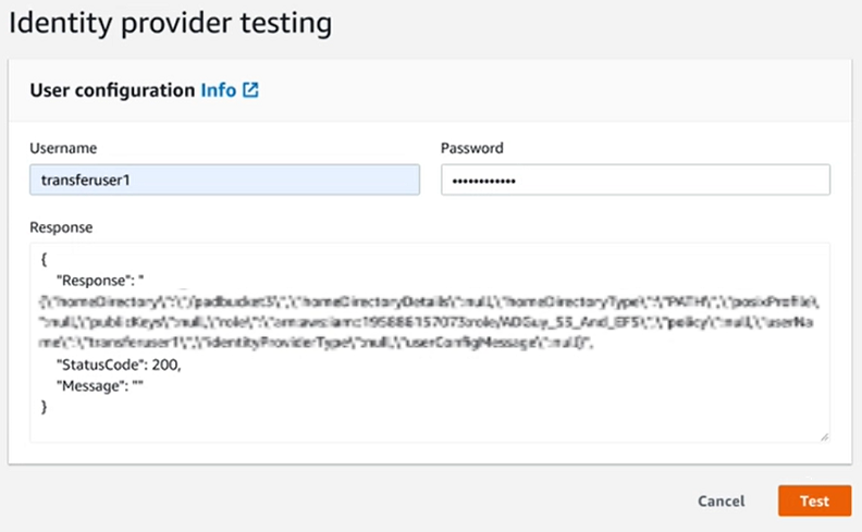 Screenshot der Konsole der erfolgreichen Testantwort des Identitätsanbieters.