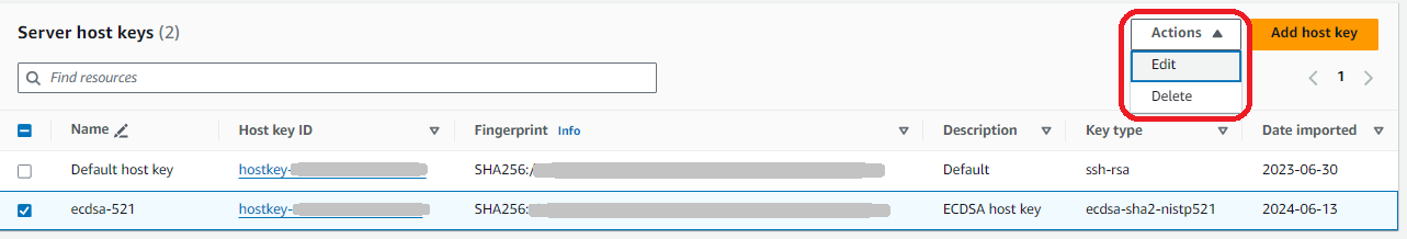 Das Menü „Aktionen“ für den Server-Hostkey.