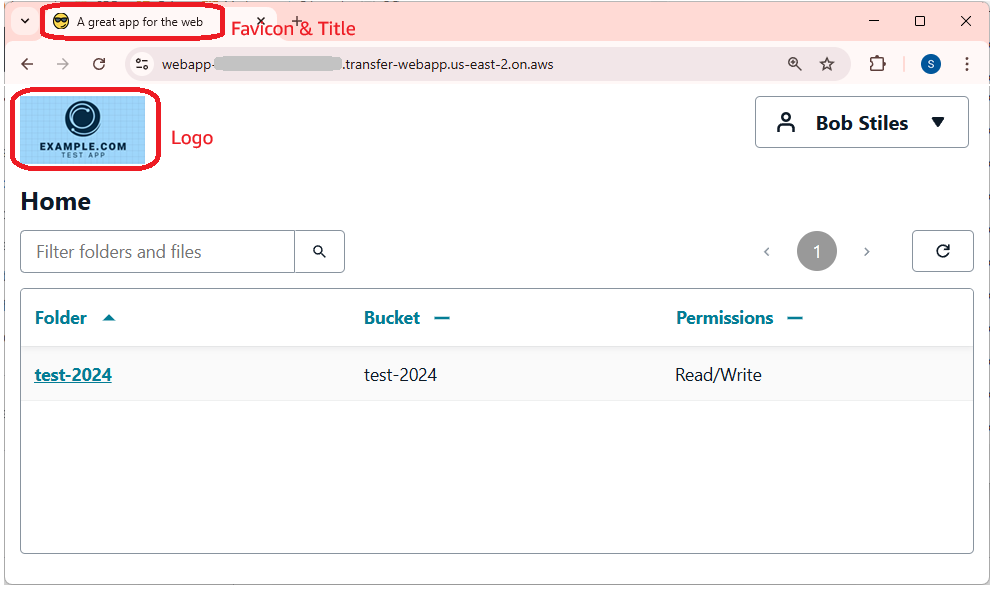 Ein Beispiel für eine Transfer Family Family-Web-App mit benutzerdefiniertem Titel, Favicon und Logo.