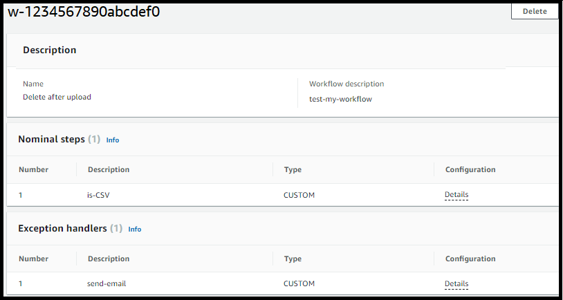 AWS Transfer Family Konsole, die einen Beispiel-Workflow mit einem nominalen Schritt und einem Schritt zur Ausnahmebehandlung zeigt.