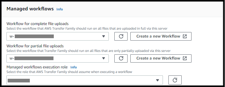 Der Bildschirm Verwaltete Workflows, auf dem Werte für den Workflow und die Ausführungsrolle angezeigt werden.