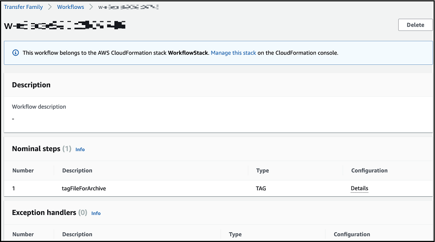 Der Bildschirm mit den Workflow-Details für einen Workflow, der Teil eines AWS CloudFormation Stacks ist, zeigt die Meldung an, in der Sie diesen Workflow verwalten CloudFormation.