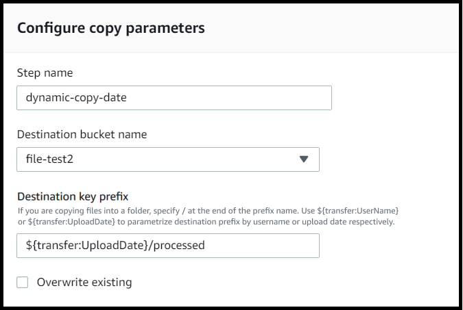 Der Bildschirm „Parameter konfigurieren“ für einen Kopierschritt, in dem der Ziel-Bucket-Name und das Zielschlüsselpräfix angezeigt werden. Das key prefix wird mithilfe des Parameters parametrisiert. UploadDate