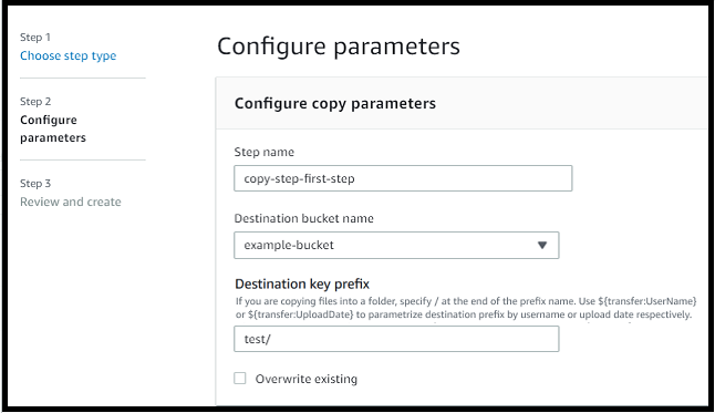 Workflow-Bildschirm mit den Details für einen Kopierschritt, mit Ziel-Bucket und key prefix.