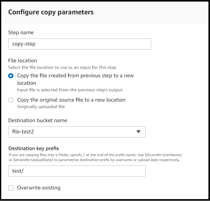 Der Konfigurationsbildschirm „Schritt kopieren“ für einen Workflow, bei dem das Optionsfeld Die im vorherigen Schritt erstellte Datei an einen neuen Speicherort kopieren aktiviert ist.