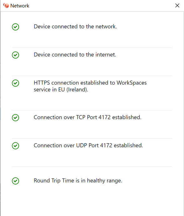 Image, das das Netzwerkprüfungsfenster des WorkSpaces Clientbrowsers zeigt