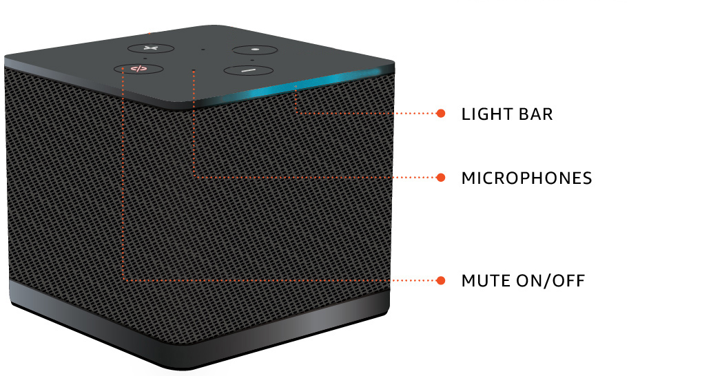 Cube-shaped device with light bar, microphones, and mute button for WorkSpaces Thin Client.