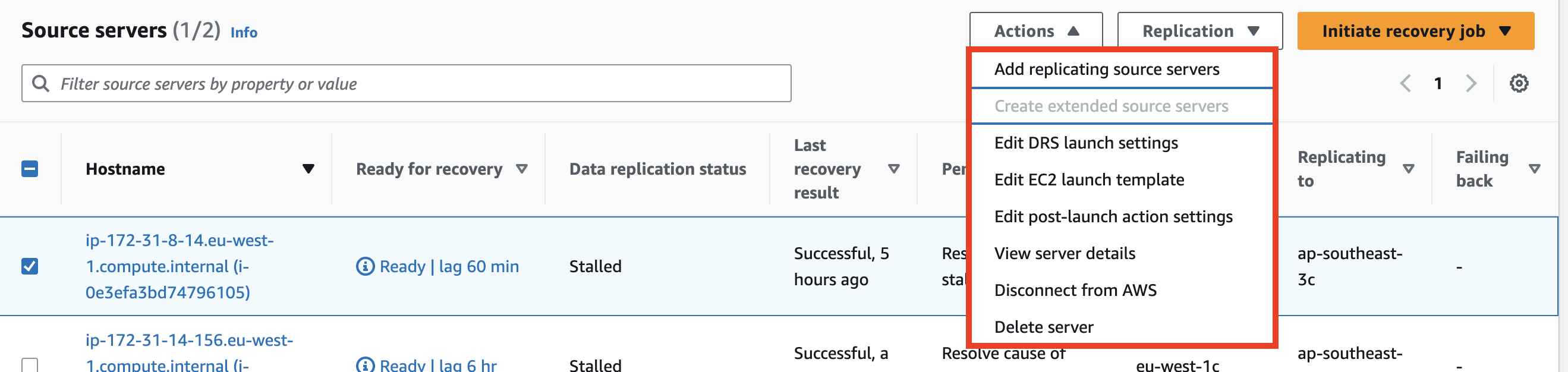 Command menus aws elastic disaster recovery
