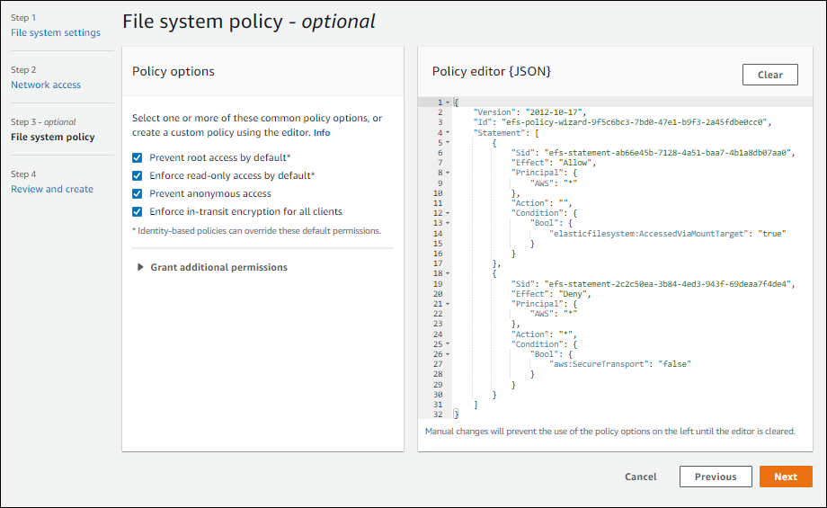 
              Step 3 in creating an EFS file system, optionally create a file system policy.
            