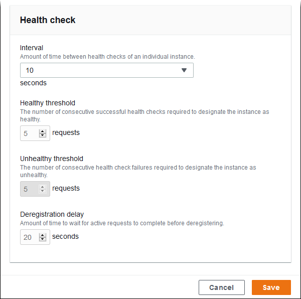 
            Network Load Balancer process dialog box settings for health check
          