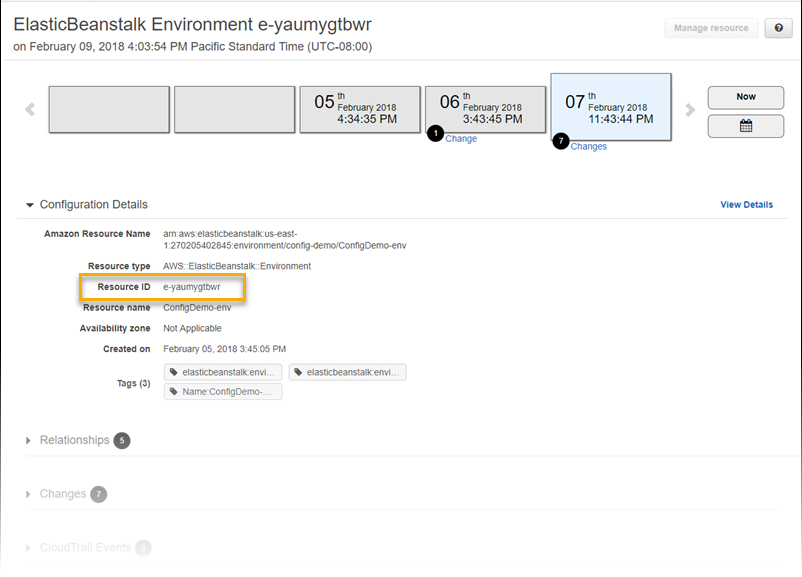 AWS Config resource details page showing configuration details for an Elastic Beanstalk environment