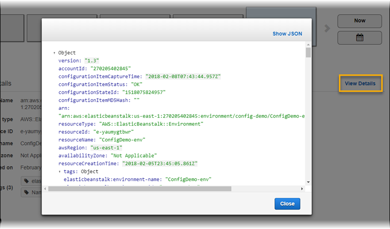 AWS Config resource details page showing configuration details for an Elastic Beanstalk environment