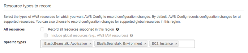 AWS Config settings page showing selected resource types to record