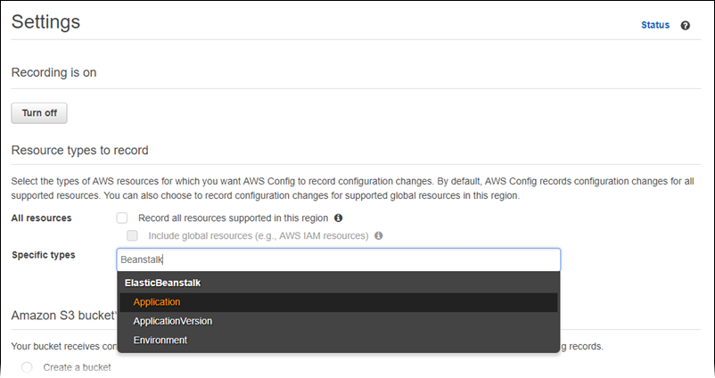 AWS Config settings page showing a list of resource types to choose to record
