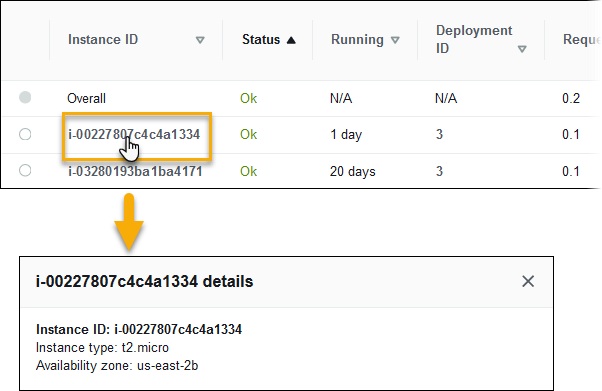Server metrics on the Environment Health page with instance information tooltip