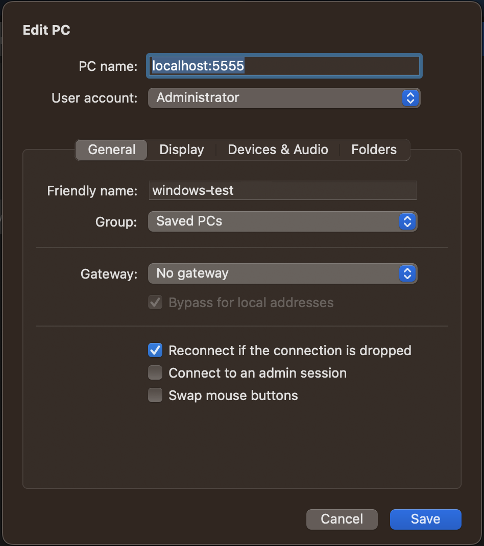 El cliente RDP con el ejemplo “localhost:5555” en el campo de nombre del PC.