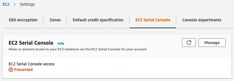 Se evita el acceso a la consola serie de EC2.