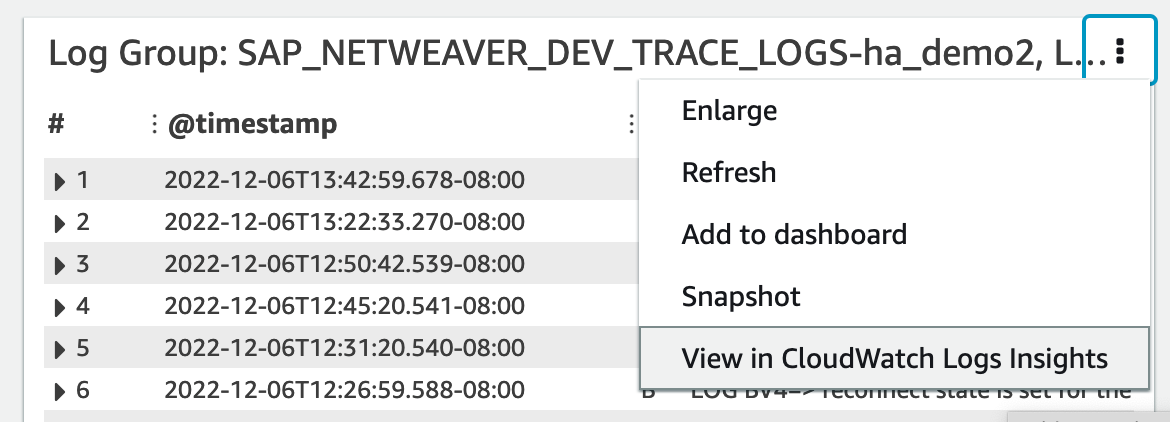 Detalles de Información de registros de Amazon CloudWatch con la opción View in CloudWatch Logs Insights (Ver en Información de registros de Amazon CloudWatch).