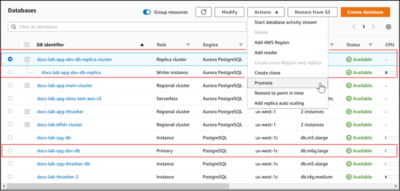 
                                    Promocionar un clúster de réplicas a un estado completo del clúster de base de datos Aurora PostgreSQL
                                