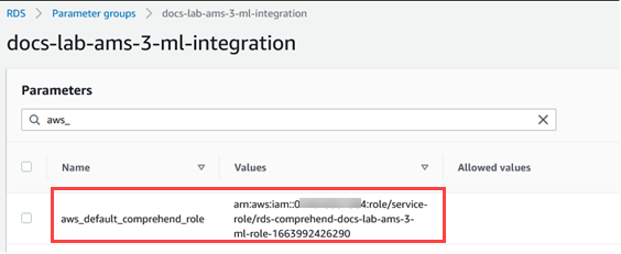 Adición del ARN del rol IAM al grupo de parámetros del clúster DB personalizado de Aurora MySQL.