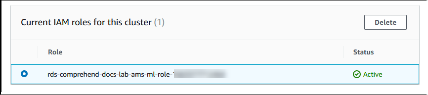 Se completó la integración de IAM para usar Amazon Comprehend con Aurora MySQL, que muestra la función activa.