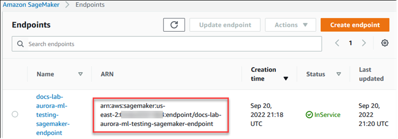 Imagen que muestra la elección SageMaker para el clúster de base de datos de Aurora MySQL