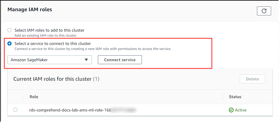 Imagen que muestra la elección SageMaker para el clúster de base de datos de Aurora MySQL