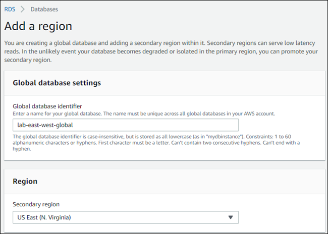 La página para agregar una región en una base de datos global de Aurora.