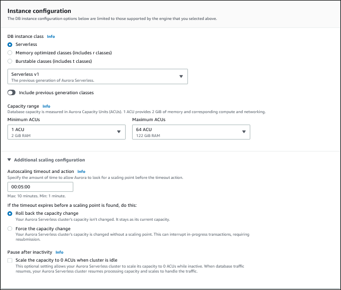 
                Configuración de la capacidad mínima y máxima de un clúster de bases de datos de Aurora Serverless v1 mediante la consola
              