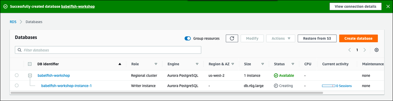 Un clúster de Aurora PostgreSQL con Babelfish en ejecución.