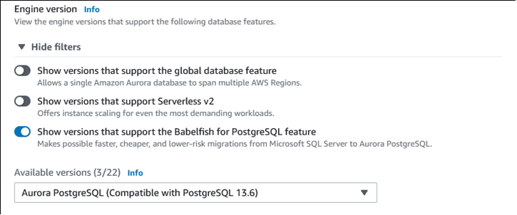 Elija una versión de Aurora PostgreSQL.