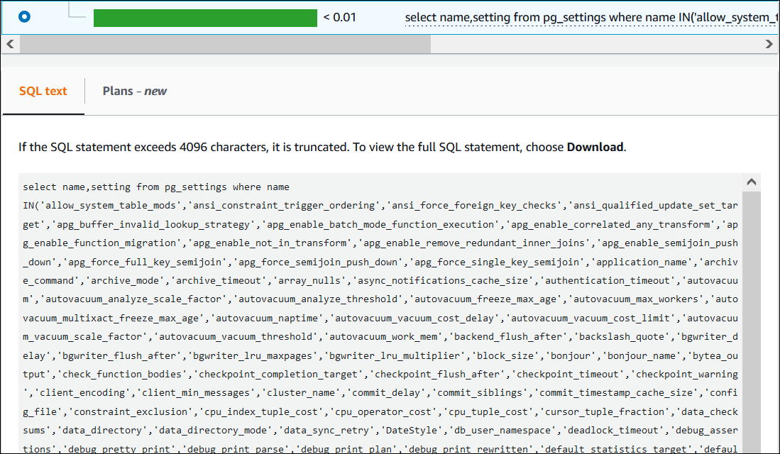 La sección de información SQL muestra más texto SQL