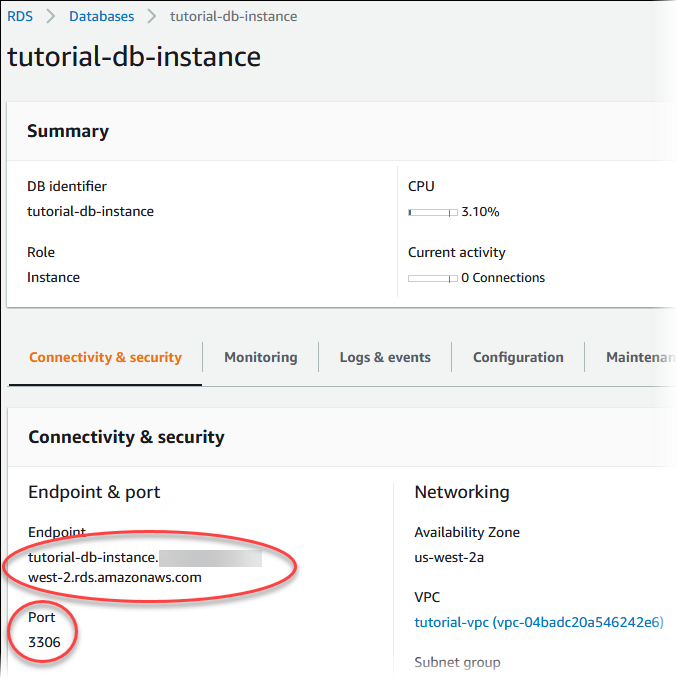 Página de detalles de la instancia de base de datos