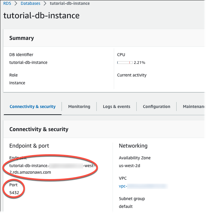 Página de detalles de la instancia de base de datos