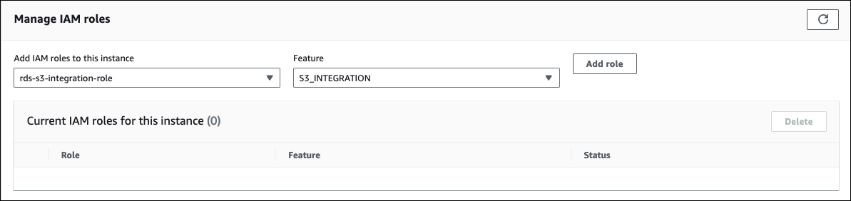 La característica S3_INTEGRATION se agregó al rol de IAM de una instancia de base de datos.