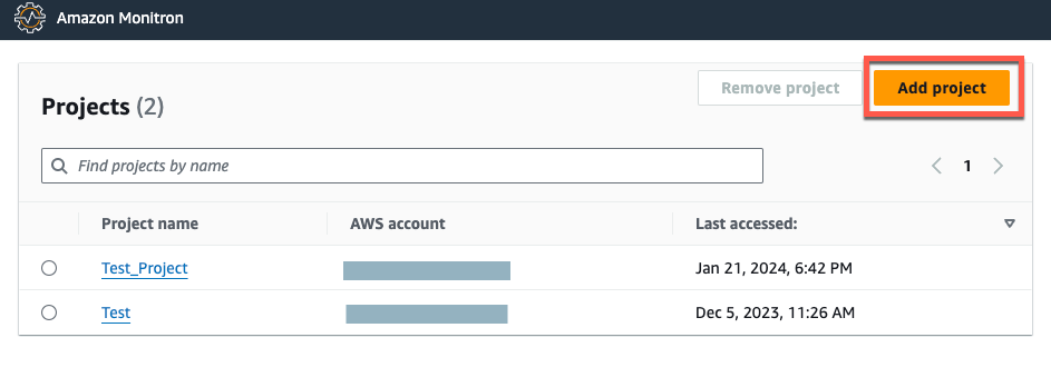 Amazon Monitron projects list with two projects and an "Add project" button. (AI generated)