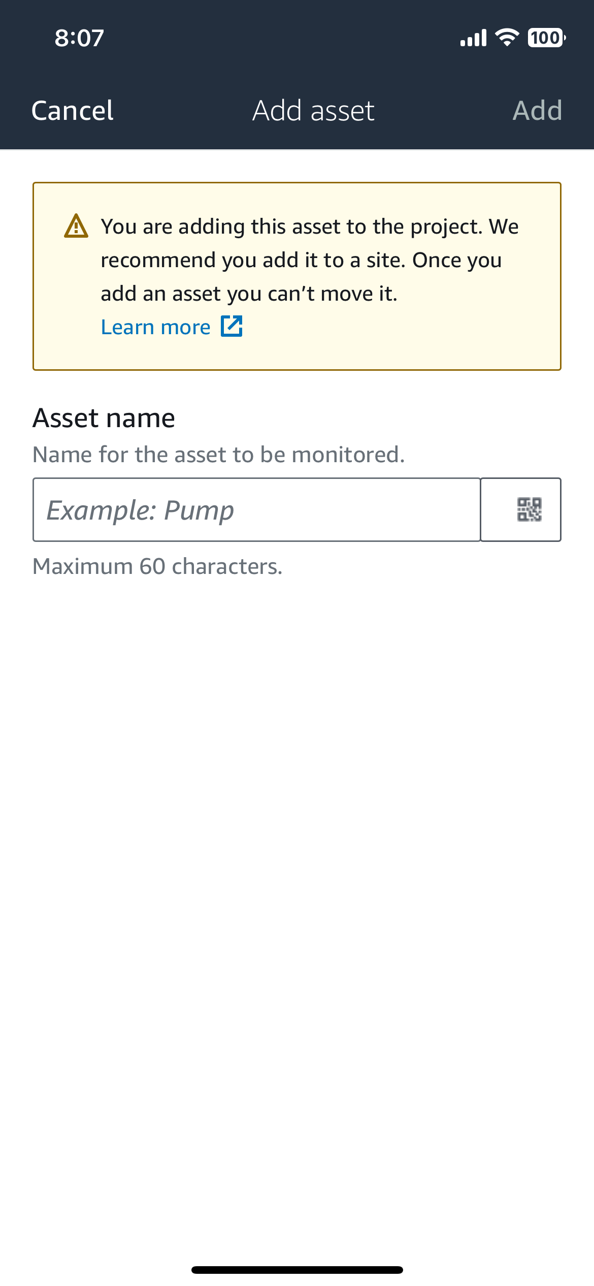 Add asset page with warning about adding assets to sites, and field to enter asset name. (AI generated)