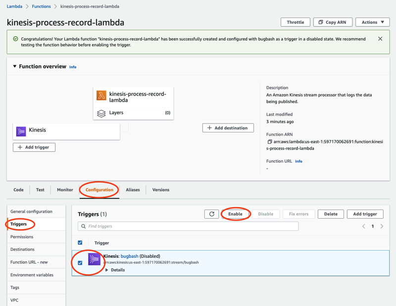 AWS Lambda function configuration with Kinesis trigger enabled. (AI generated)