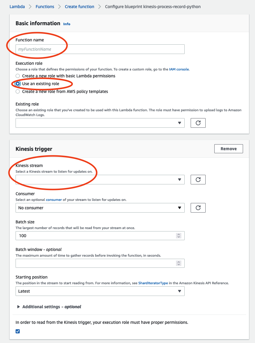 AWS Lambda function configuration with fields for name, execution role, Kinesis trigger details. (AI generated)