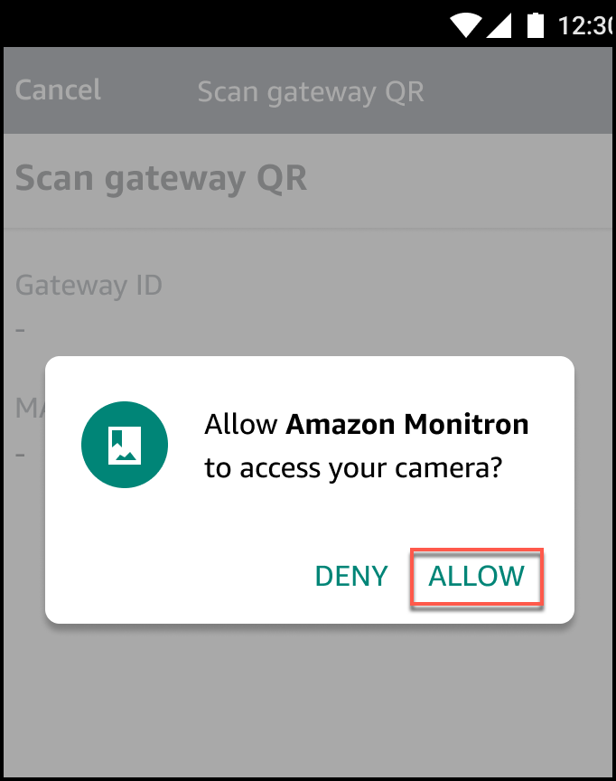 Pop-up requesting camera access permission for Amazon Monitron app on Android device.