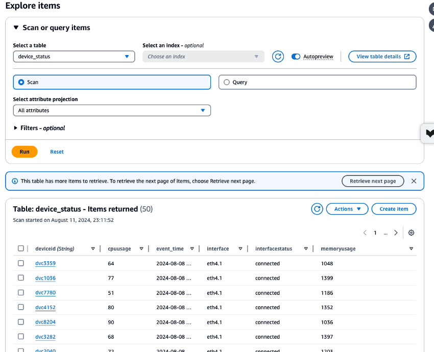 Imagen que muestra la consola de DynamoDB y cómo ahora se devuelven elementos al realizar un análisis.