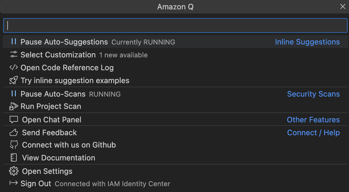 La barra de tareas de Amazon Q enVS Code.